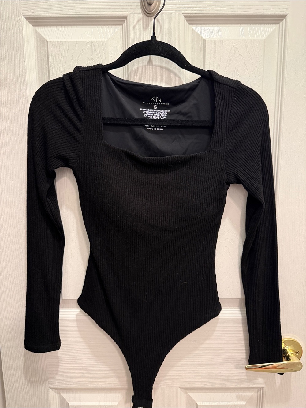Klassy Network Black Ribbed Square-Neck Long Sleeve Bodysuit